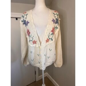 Vintage Spring Floral White Cardigan CottageCore Large Embroidered Flower